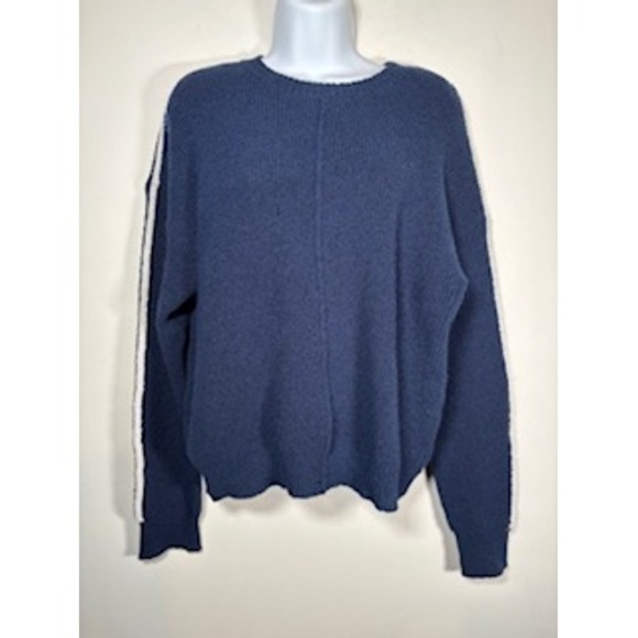 Ella Blue Sweaters - Navy Blue Sweater White Sleeve Stripe Ribbed Knit Crewneck Coastal‎ Nautical